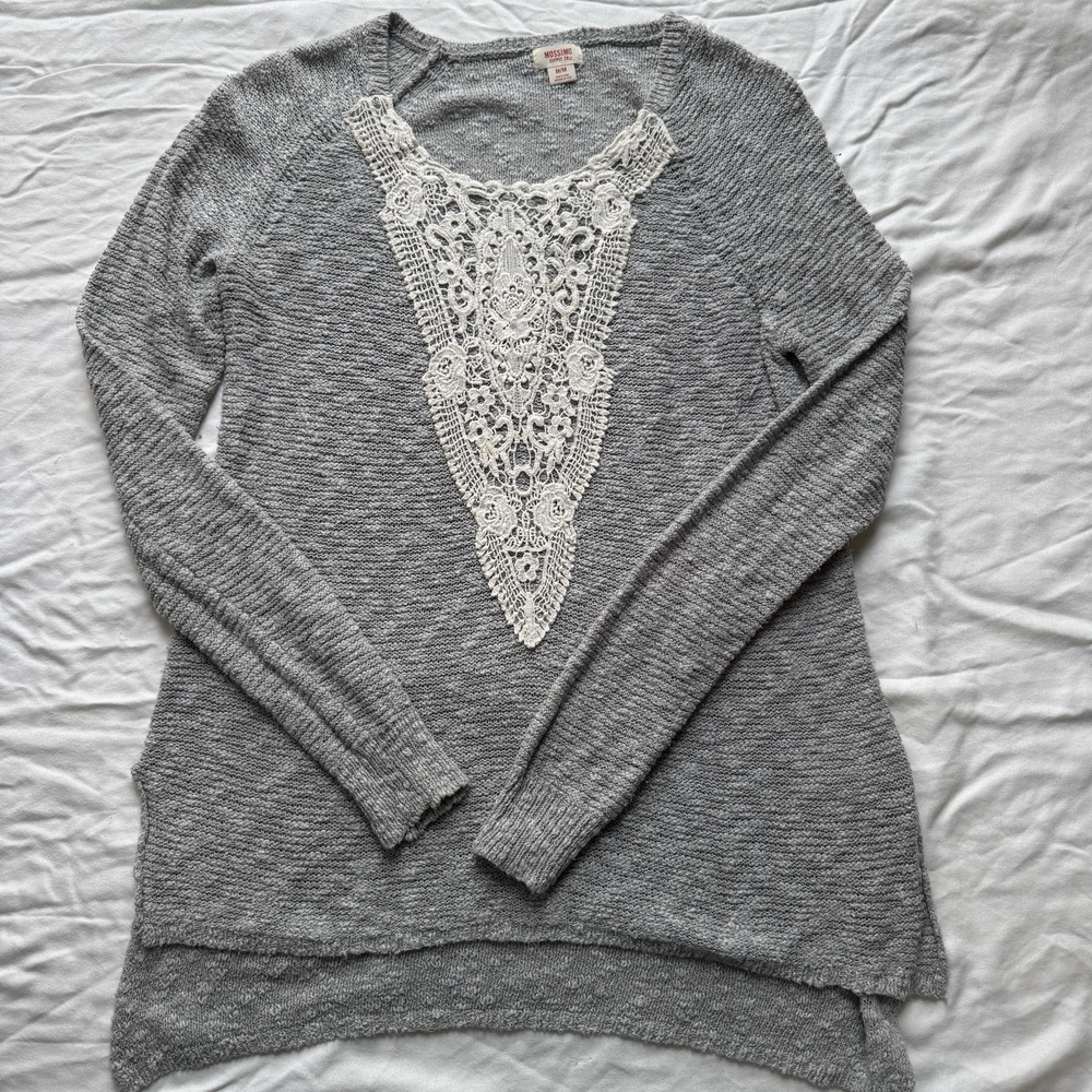 Boho Chic Y2K‎ Sweater Lace Detail Crew neck Gray Medium Hippie Artsy Layering